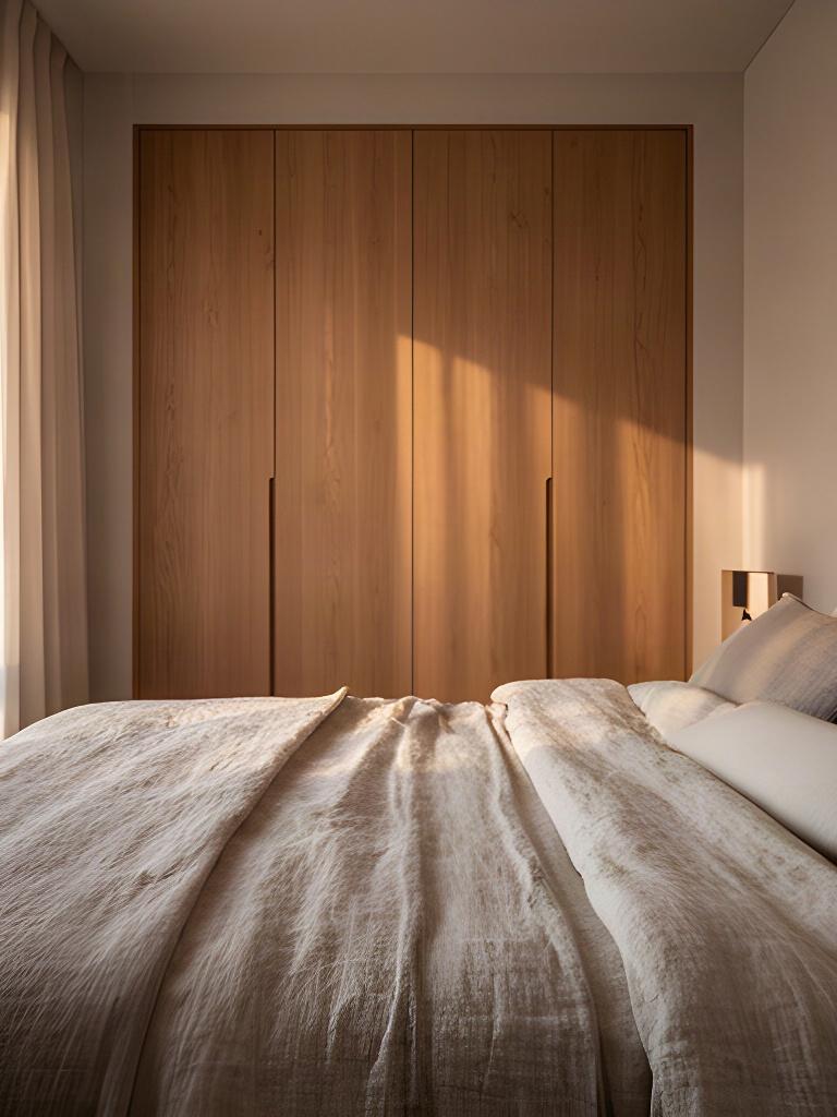Camera da letto con tessili naturali e cabina armadio con ante in legno