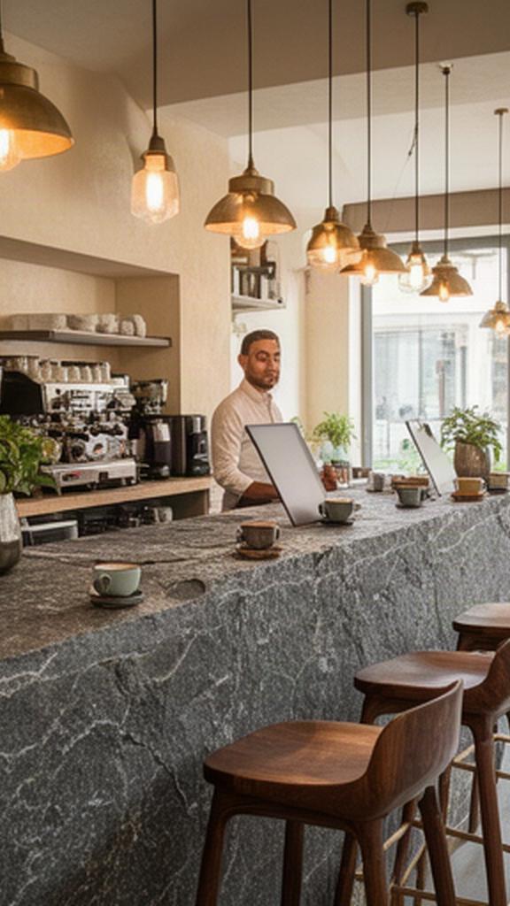 Caffetteria contemporanea a Porto Sant'Elpidio con bancone in pietra, sgabelli e lampade sospese