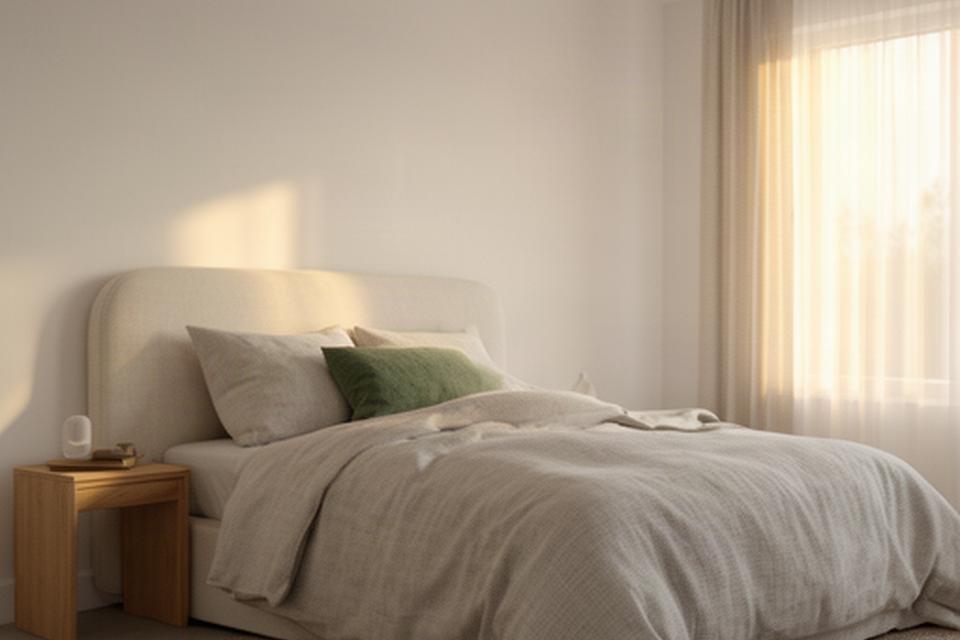 Camera da letto minimalista con testiera chiara, tessili naturali e luce del mattino
