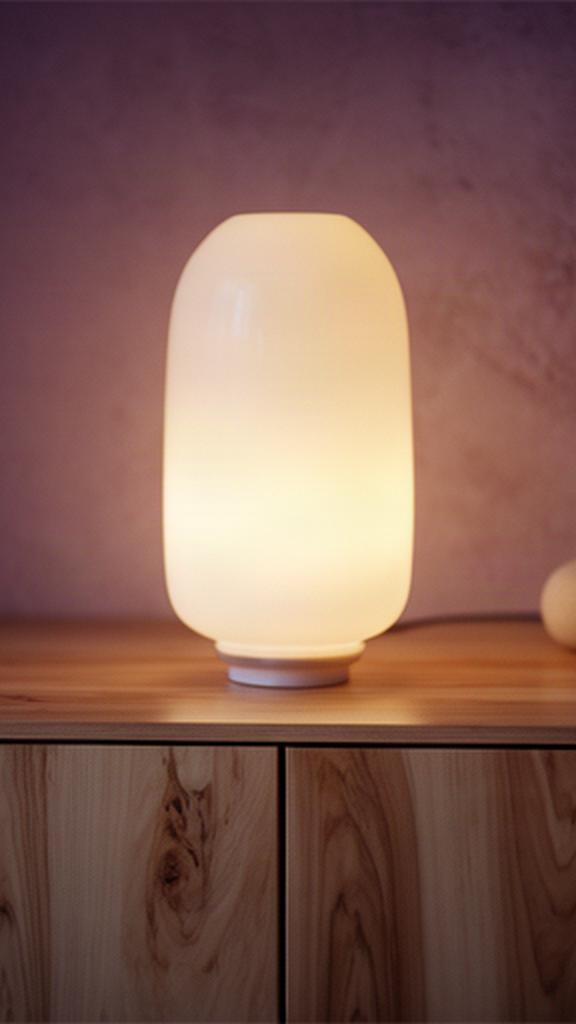 Lampada artigianale in vetro opalino accesa sopra un mobile in legno naturale