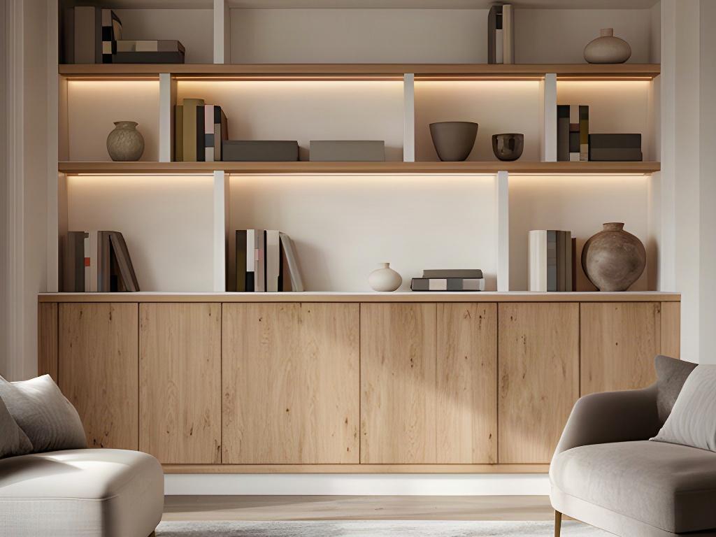 Soggiorno residenziale con libreria e mobile contenitore realizzati su misura
