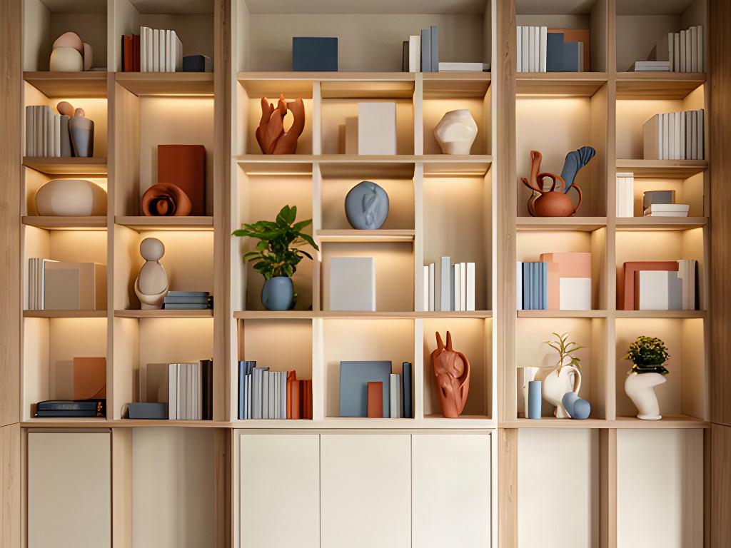 Libreria a tutta parete progettata su misura con nicchie illuminate e libri d'arte