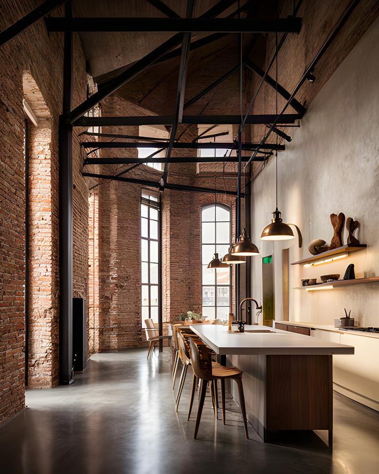 Loft industriale a Macerata con struttura metallica, mattoni a vista e cucina aperta