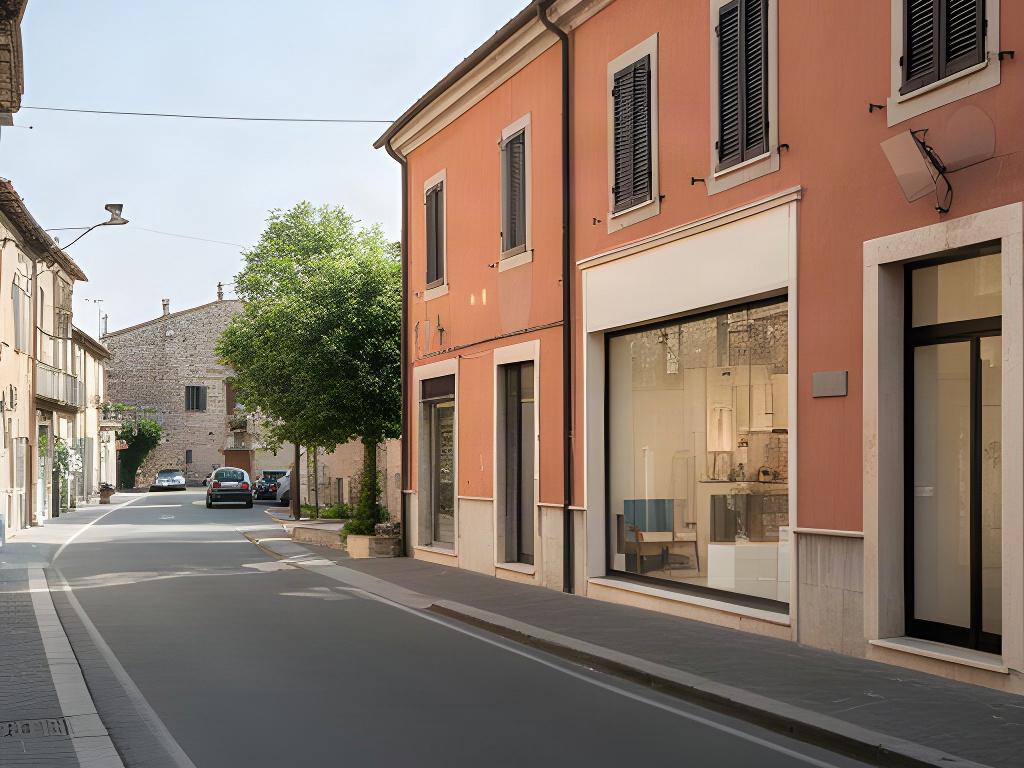 Esterno della via 97 a Morrovalle con facciata dello studio e strada del quartiere