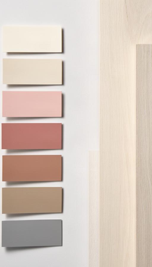 Palette di colori neutri e rosati affiancata a campioni di legno chiaro