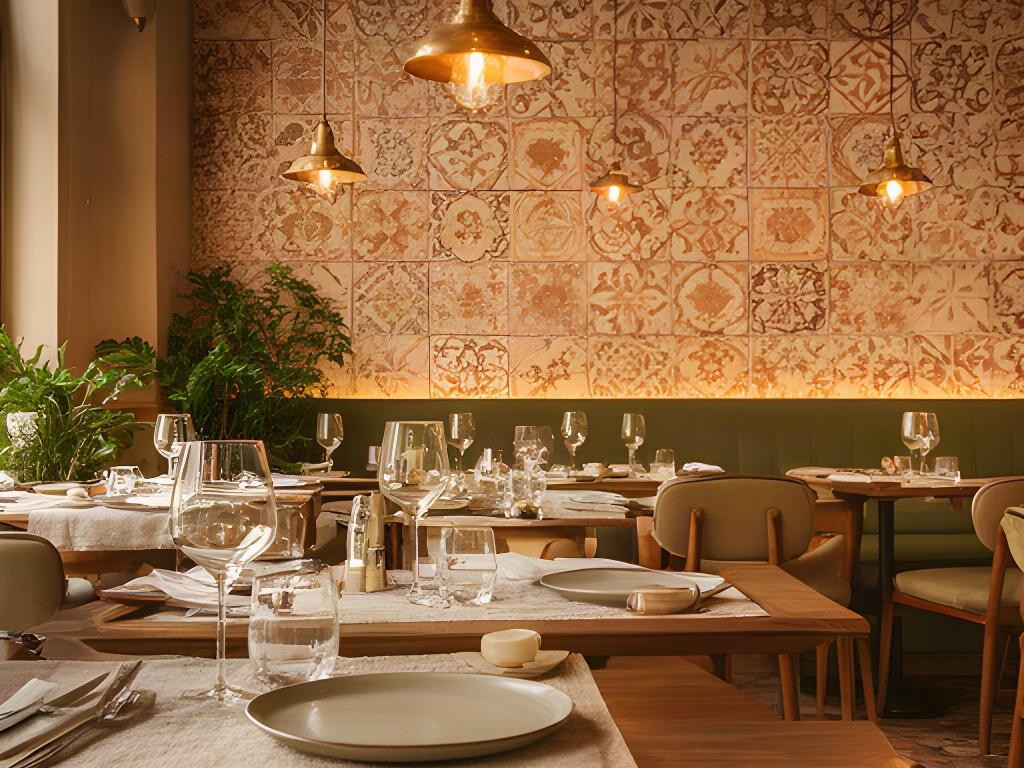 Sala di ristorante con luci calde, tavoli ravvicinati e parete decorata con piastrelle artigianali