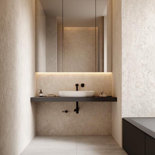 Bagno contemporaneo con rivestimento materico, lavabo sospeso e rubinetteria scura