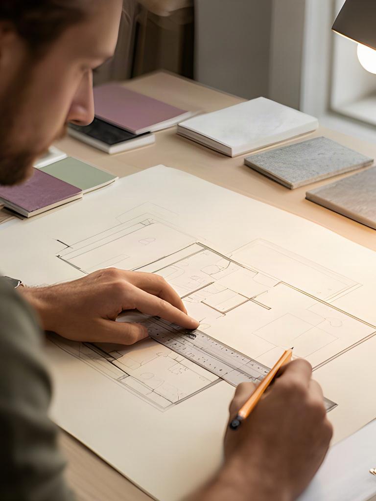 Designer d'interni al lavoro su una pianta di progetto con matita e righello