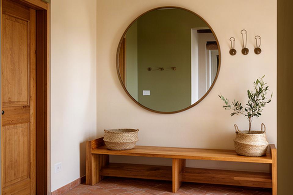 Ingresso di una casa marchigiana con panca in legno, specchio rotondo e pavimento in cotto