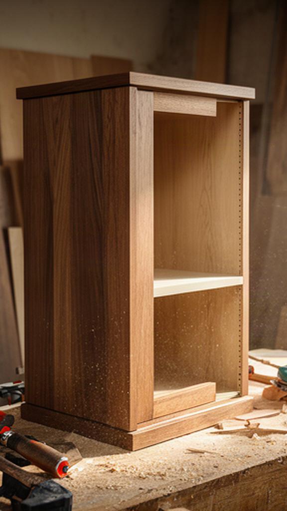 Mobile su misura in lavorazione con utensili e pannelli di legno in laboratorio