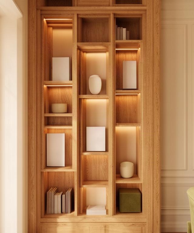Libreria su misura in legno con nicchie illuminate in un interno domestico
