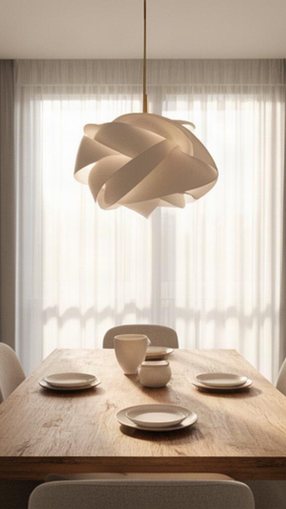 Sala da pranzo illuminata dal mattino con tavolo in legno e lampada scultorea