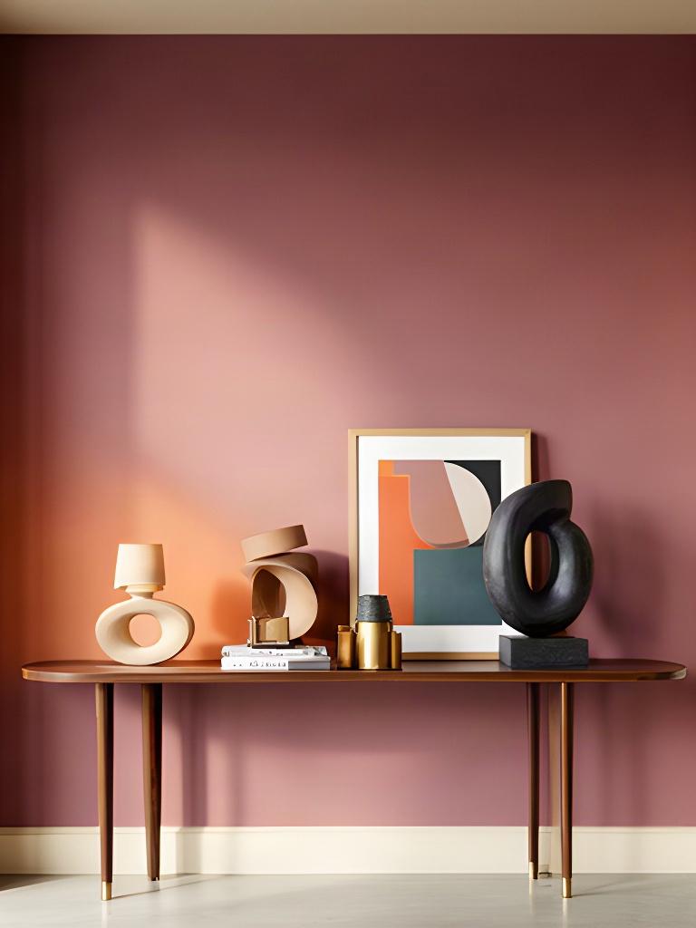 Parete colorata in un ambiente progettato dallo studio con consolle e composizione decorativa
