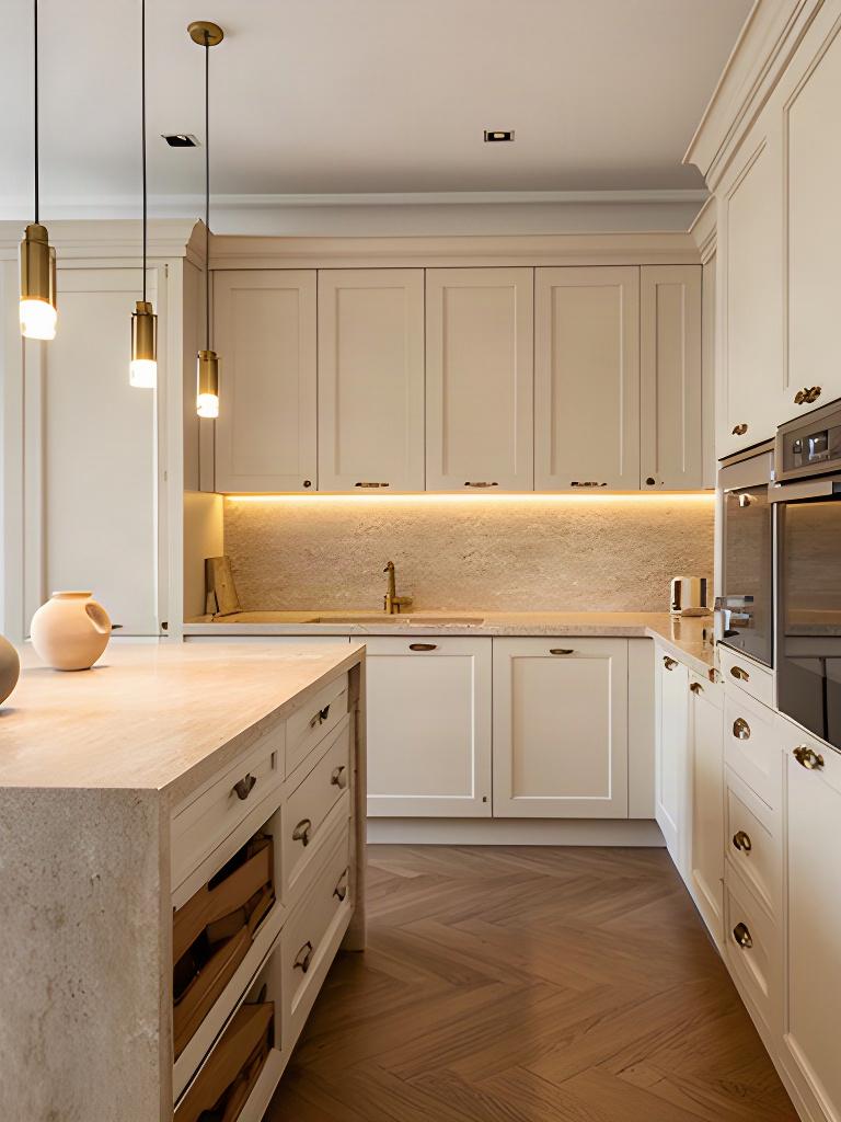 Cucina su misura con ante color crema, piano in pietra e illuminazione calda