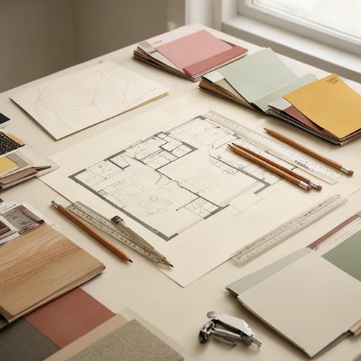Tavolo di lavoro con planimetria residenziale, matite e cartelle colori