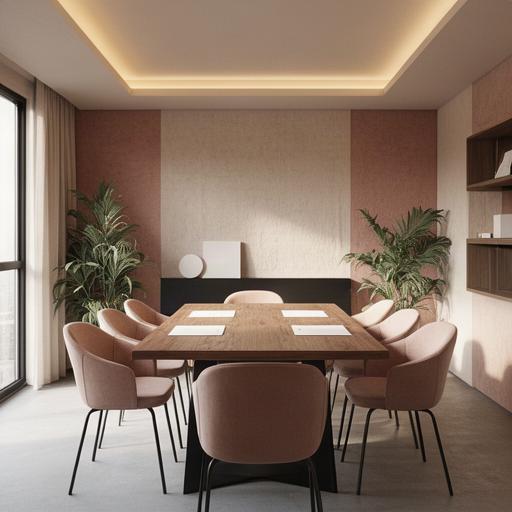 Sala riunioni di uno studio creativo con tavolo in legno e sedute color sabbia
