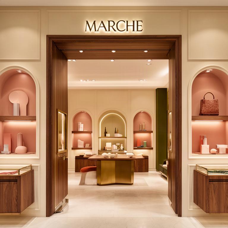 Ingresso di una boutique marchigiana con illuminazione calda e arredi progettati su misura