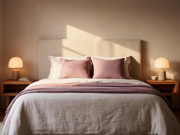 Camera da letto progettata con testiera tessile, comodini essenziali e luce morbida