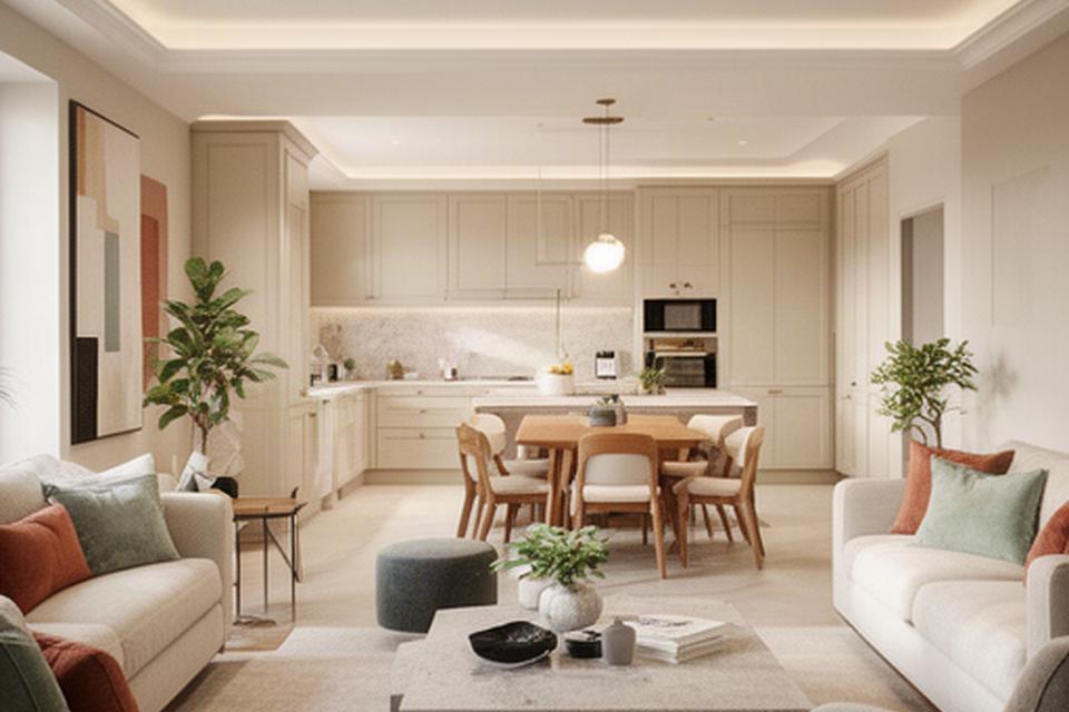 Interno completato con soggiorno, cucina e zona pranzo coordinati in una casa rinnovata