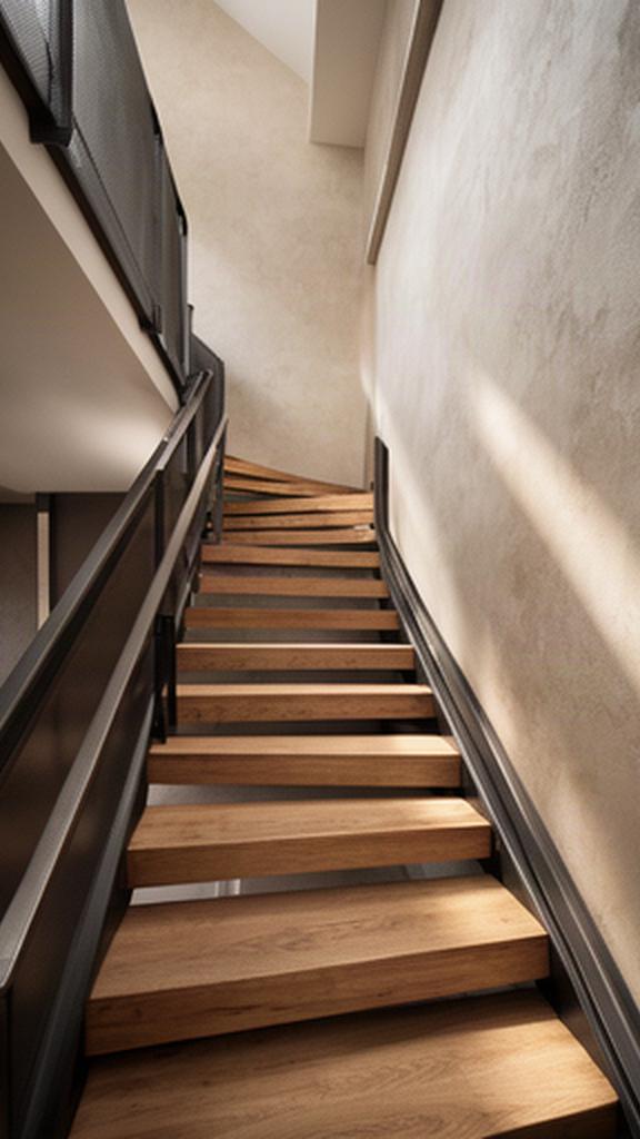 Scala interna in legno e metallo con parete materica e luce radente