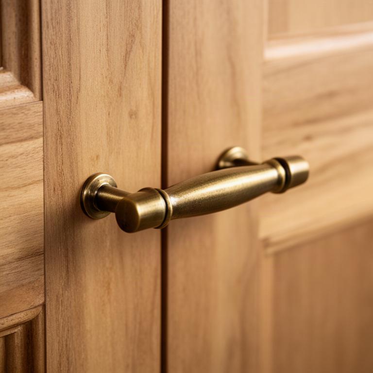 Dettaglio di una maniglia in ottone su un mobile residenziale in legno naturale