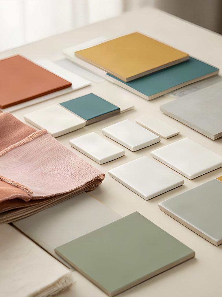 Tavolo con tavolozze di colori, tessuti e piastrelle per la selezione dei materiali