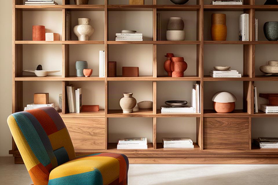 Libreria artigianale in soggiorno con vani aperti, ceramiche e poltrona colorata