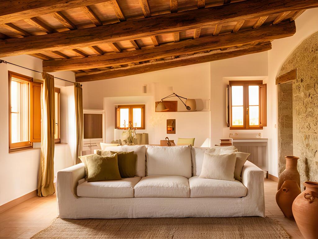 Interno di casa di campagna nelle Marche con travi a vista, divano lino e colori caldi