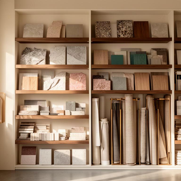 Libreria interna con campioni di pietra, tessuto e legno ordinati nello studio di Morrovalle