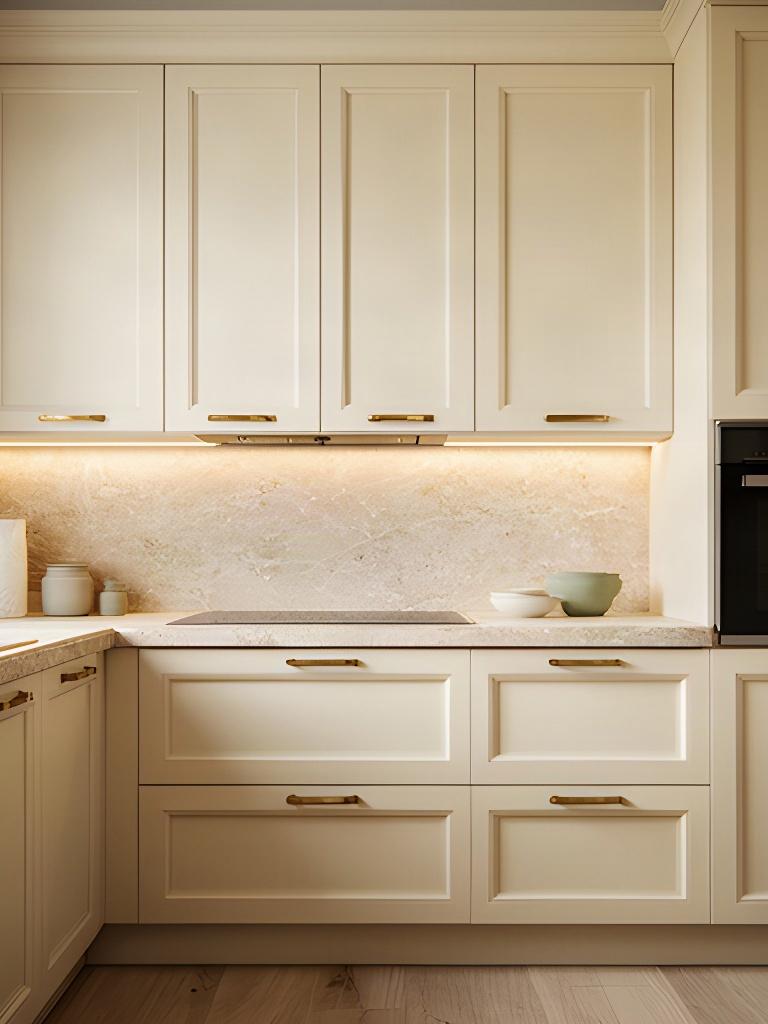 Cucina su misura con ante color crema, piano in pietra e ferramenta integrata