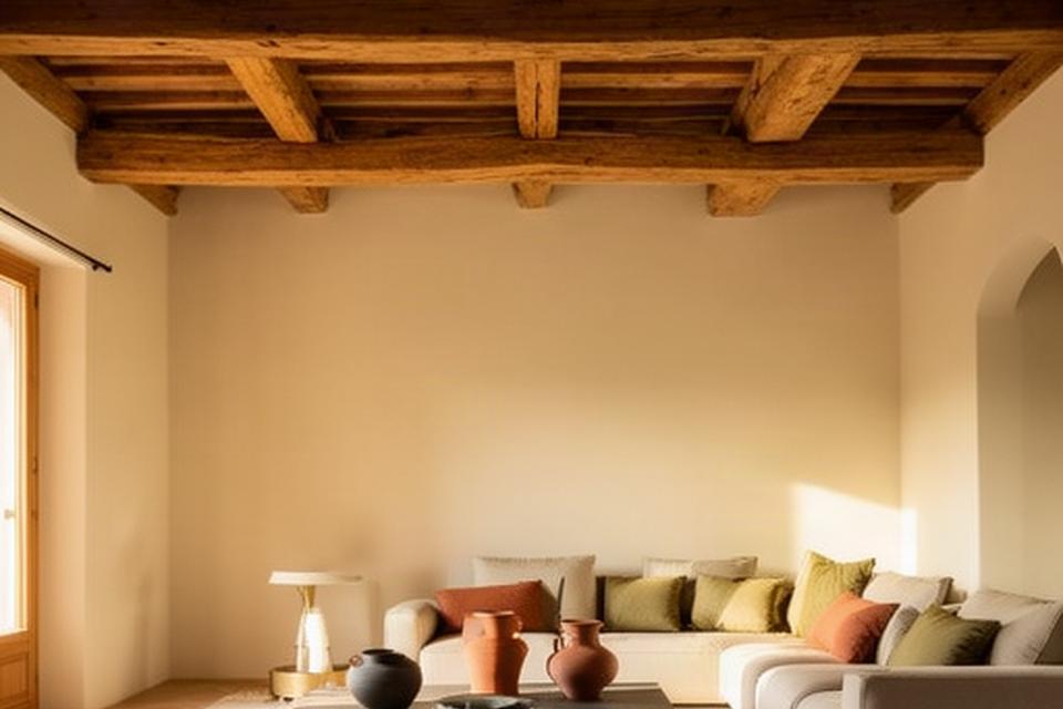 Soggiorno di una casa marchigiana con travi a vista, pareti color avorio e arredi contemporanei