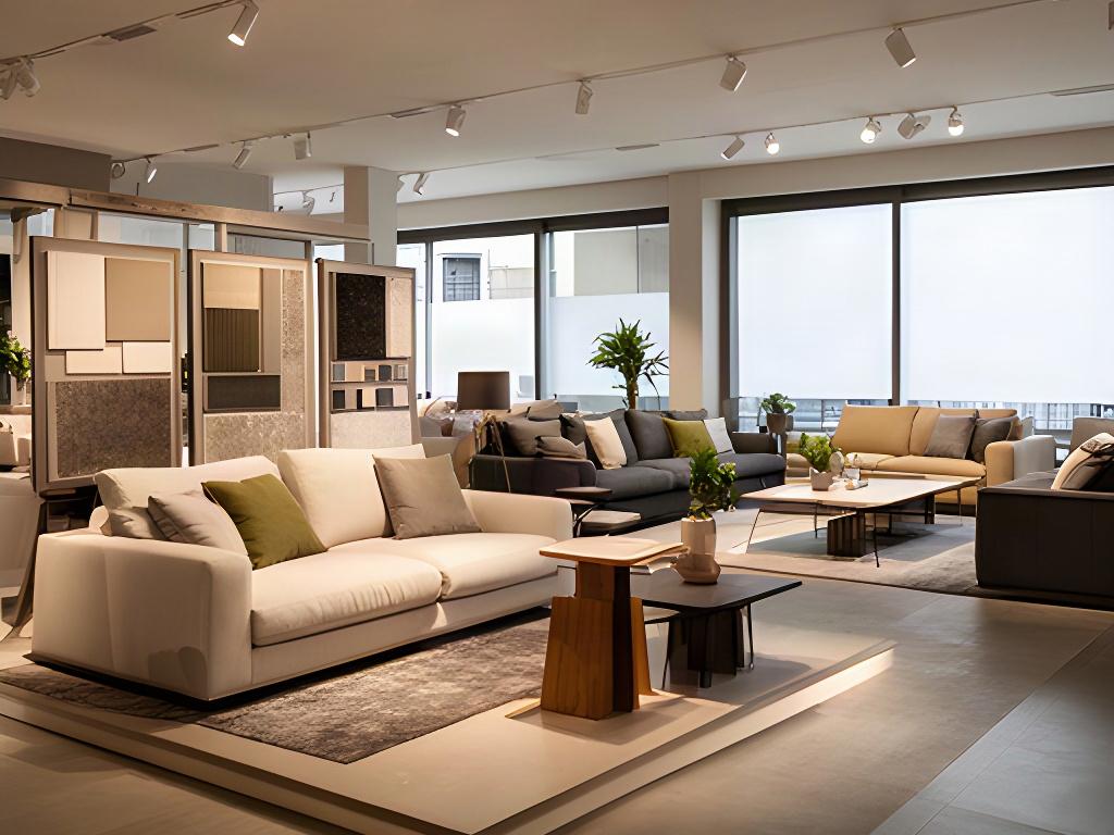 Showroom di arredamento a Recanati con divani, campioni materici e ampie vetrine