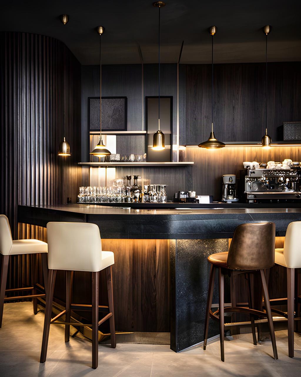 Bar contemporaneo nelle Marche con bancone scuro, rivestimento verticale e sedute alte