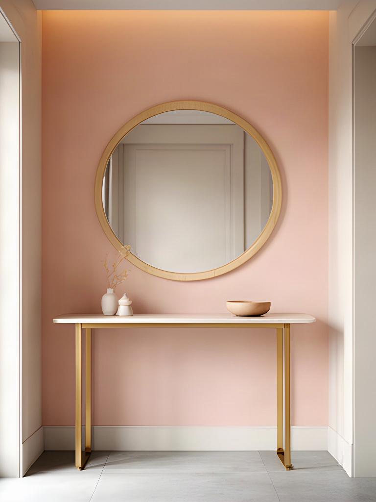 Ingresso domestico con consolle sottile, specchio rotondo e parete color cipria