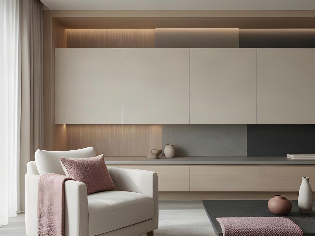 Soggiorno con finiture coordinate, poltrona chiara e mobile contenitore realizzato su misura