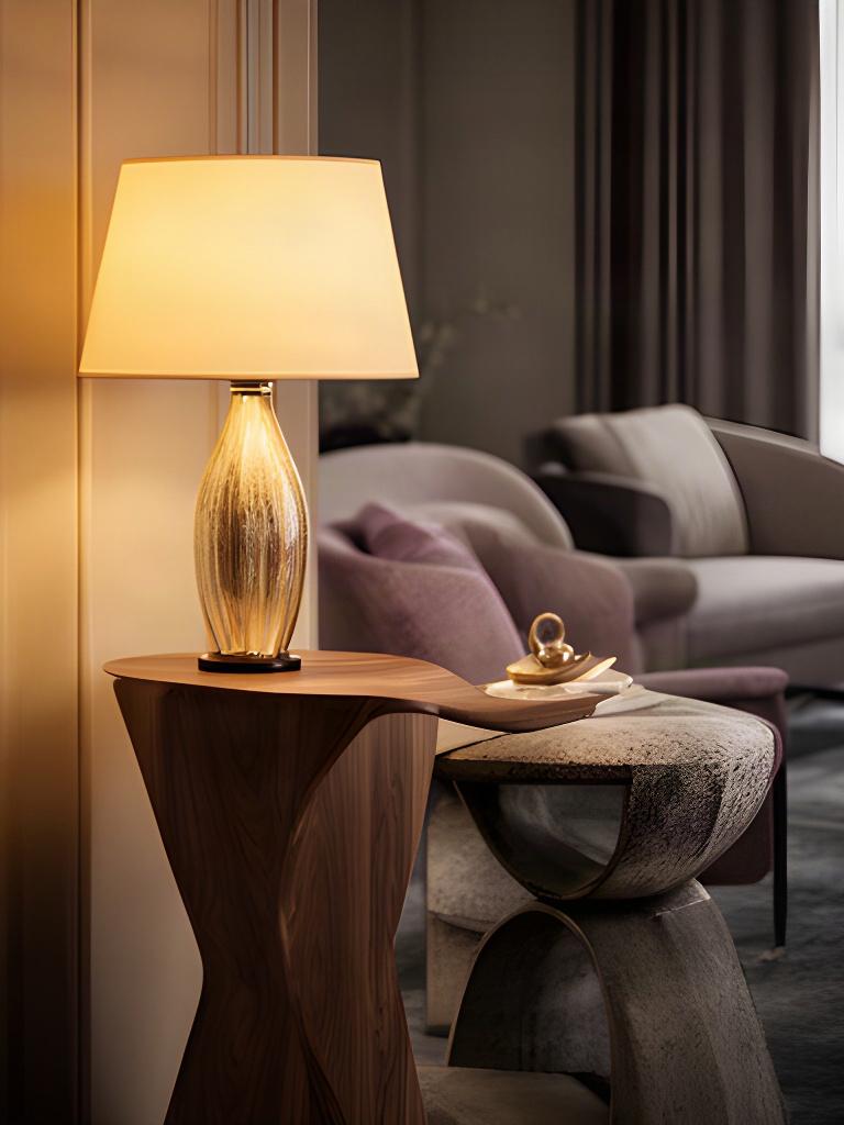 Lampada decorativa accesa accanto a una composizione d'arredo progettata nello studio di Morrovalle
