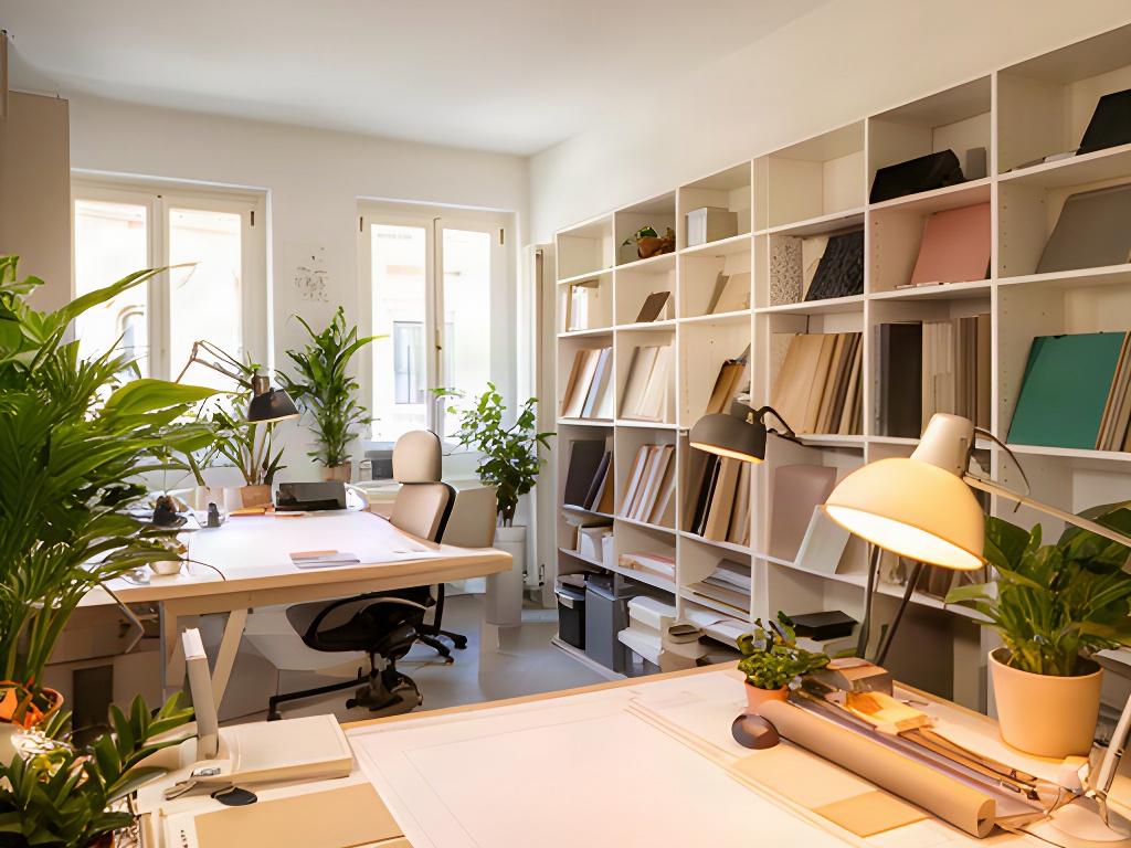 Studio di interior design a Morrovalle con tavoli da disegno, libreria materiali e piante