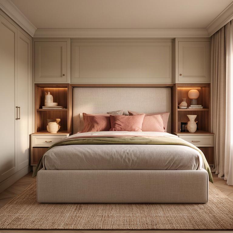 Camera da letto su misura con testiera in tessuto, comodini integrati e colori caldi